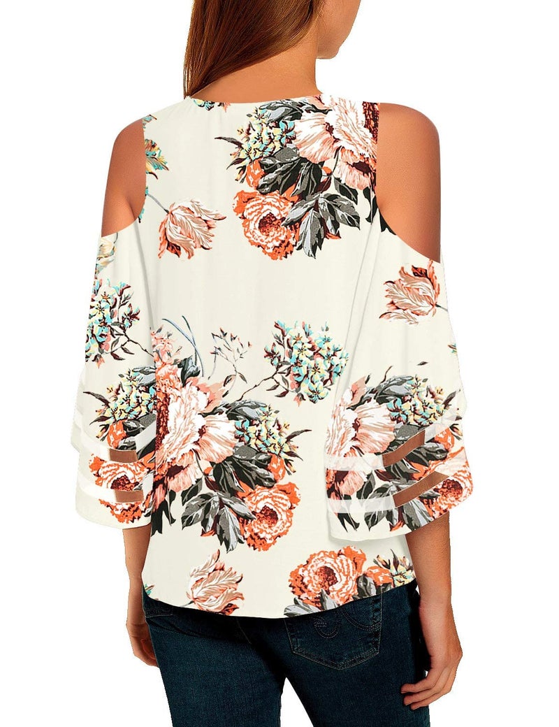 LookbookStore Summer Tops for Women 2024 Womens Cold Shoulder Tops Sexy Casual Floral Crewneck 3/4 Sleeve Blouse Womens Tops and Blouse Dressy Casual Loose Tops Shirt Size M Size 8 10 - Image 2